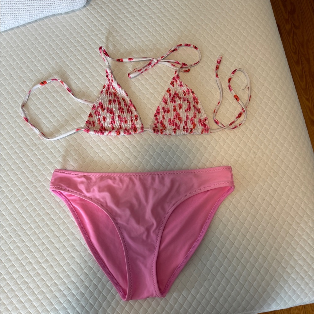 Aerie Pink and Red Bikini Set with Triangle Top